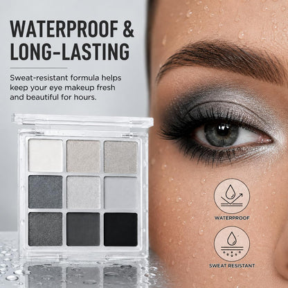 Yeweian Black Smokey Eyeshadow Palette, 9 Colors Black Silver Gray White Goth Eyeshadow Makeup Palette, Waterproof Cool Toned Matte Glitter Eyeshadow Palette Sombras De Ojos Profesional