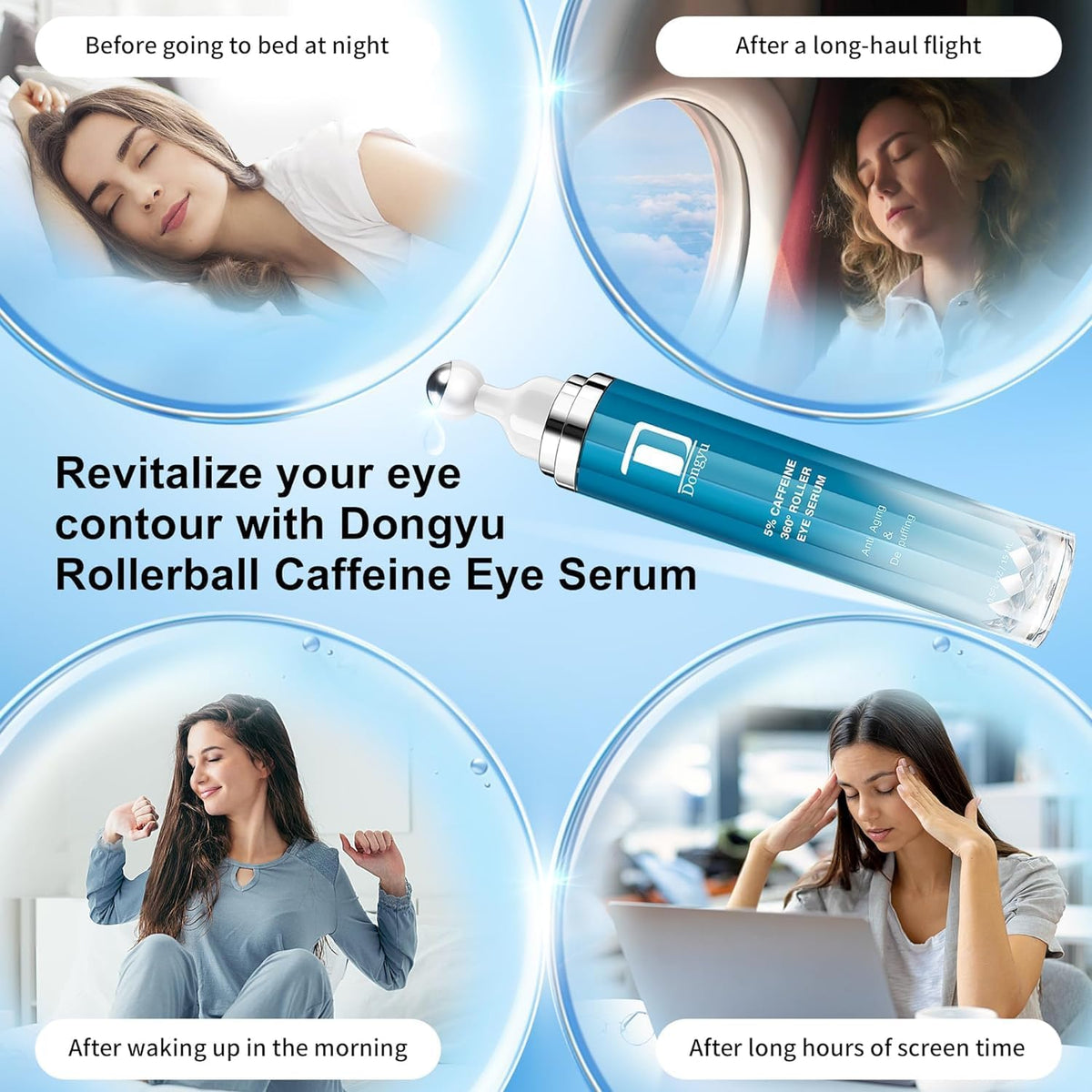 Caffeine Eye Cream for Dark Circles: Under Eye Cream Morning Skincare - Upgraded Formula Eye Serum with 360° Cooling Roller for Puffy Eyelids 0.5 fl.oz