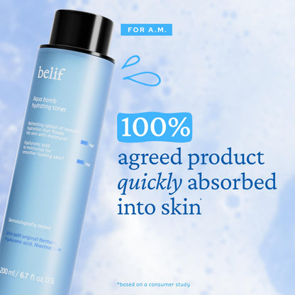 belif Niacinamide Hydrating Toner – Aqua Bomb Lightweight Cooling Toner with Hyaluronic Acid, Soothing and Balancing Formula, Skin Barrier Repair and Radiant Skin, Korean Skincare, 5.07 fl oz