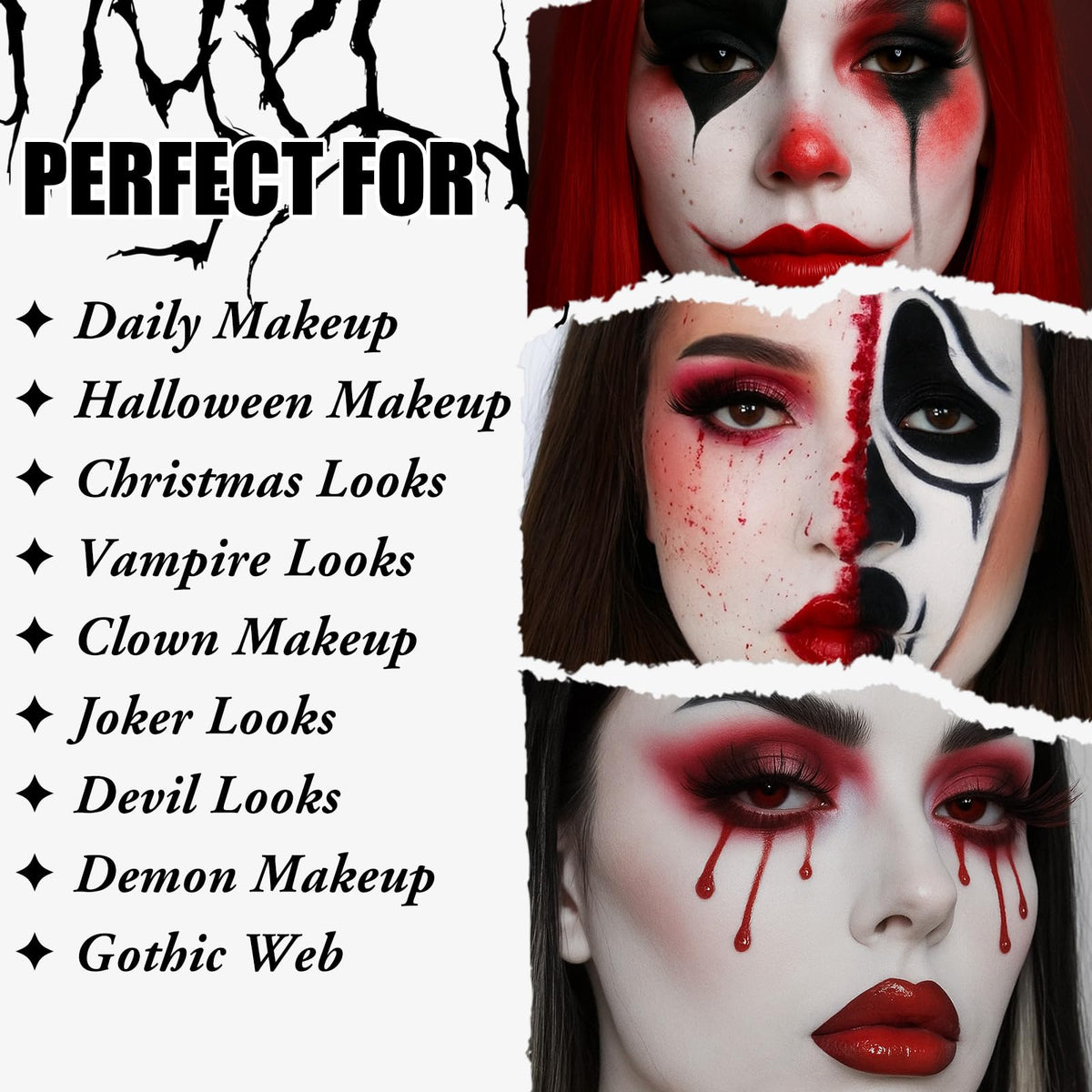 UCANBE Halloween Makeup Kit – 15-Color Red Eyeshadow Palette, White Liquid Foundation, Red Liquid Lipstick, Black Eyeliner, Setting Powder & Sponges Makeup Set for SFX Cosplay Costume Clown Vampire