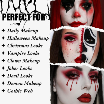 UCANBE Halloween Makeup Kit – 15-Color Red Eyeshadow Palette, White Liquid Foundation, Red Liquid Lipstick, Black Eyeliner, Setting Powder & Sponges Makeup Set for SFX Cosplay Costume Clown Vampire