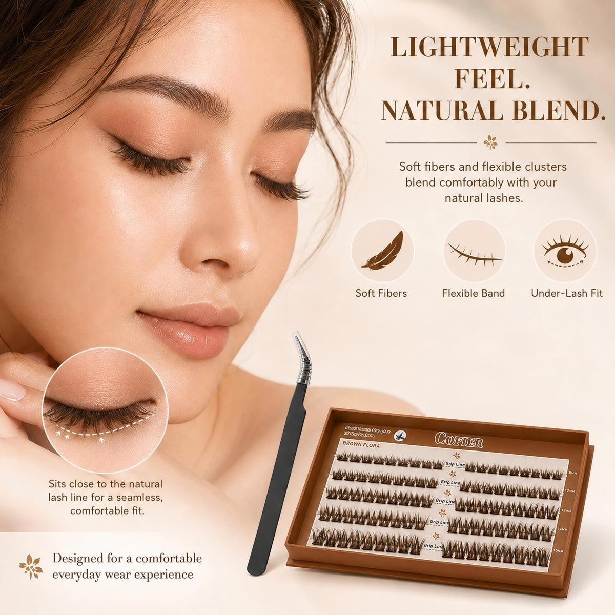 Pre Glued Wispy Lash Clusters Kit, 90 Pcs Individual Eyelash Clusters (Brown 8-16mm/C Curl) - Lash Extension Kit with Eyelashes Tweezers and Clips, Natural Fake Lashes No Glue Need, Beginners Friendly
