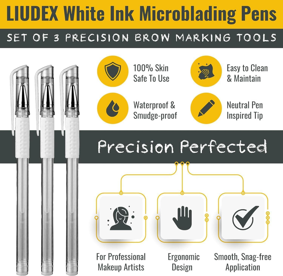 LIUDEX 3pcs Skin Marker Pen Eyebrow PMU Microblading Outline Pencil | Felt Pen White Brow Position Mapping Pencil White Marker Pen Beauty SPMU | Permanent Makeup Position Mark Tools