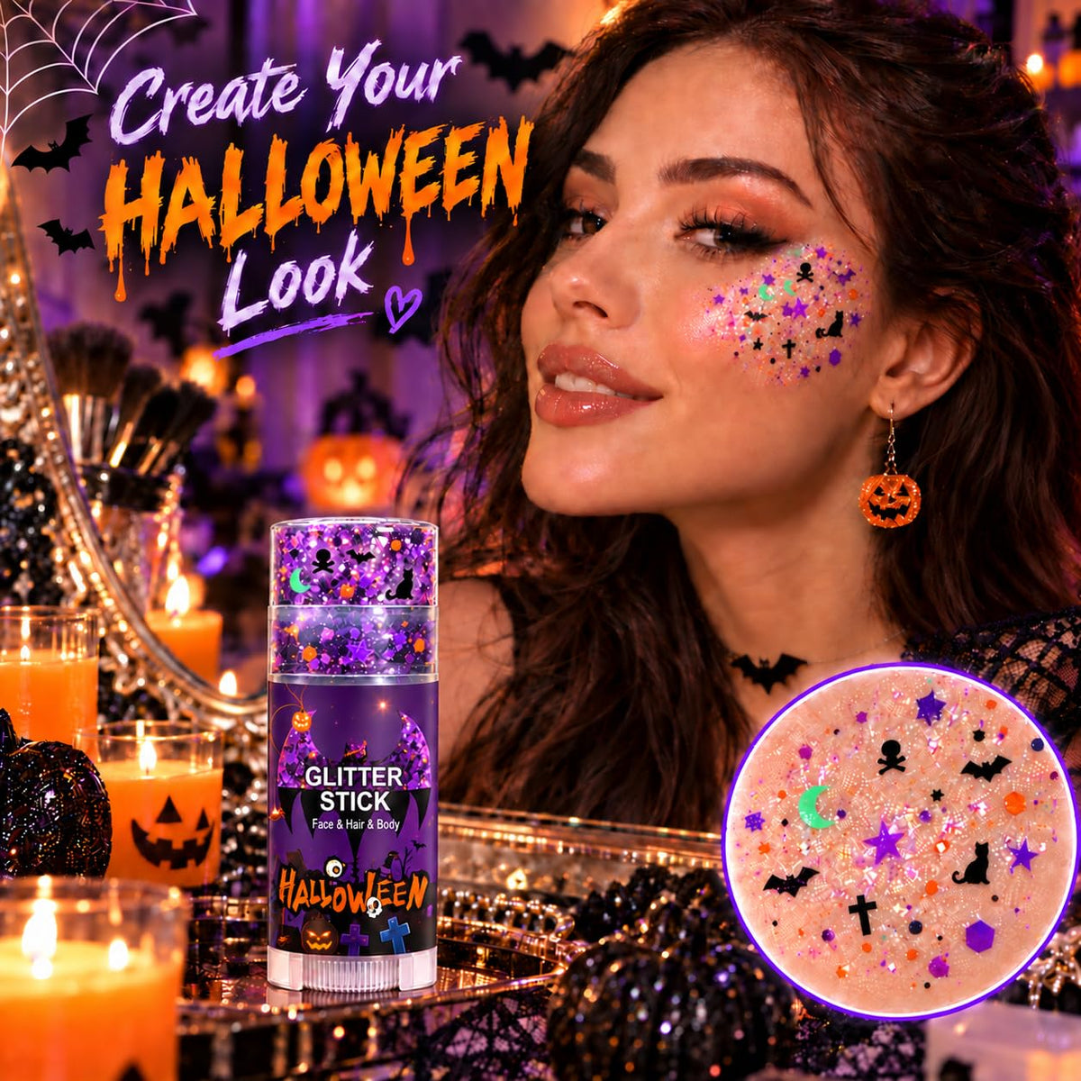 Halloween Face Body and Hair Glitter Stick, Black Purple Body Glitter Gel