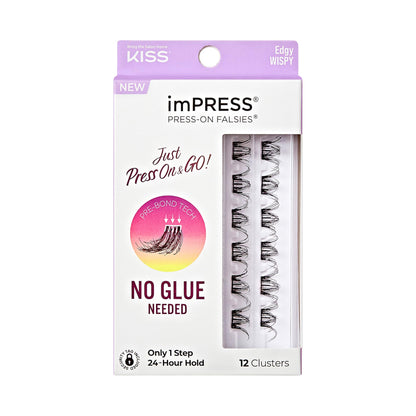Kiss Impress Falsies Press On Self Adhesive Eyelashes, 14mm-16mm Natural Volume Press On Lashes, Black, No Glue Needed, Invisible Band, 12 Lash Clusters - Edgy