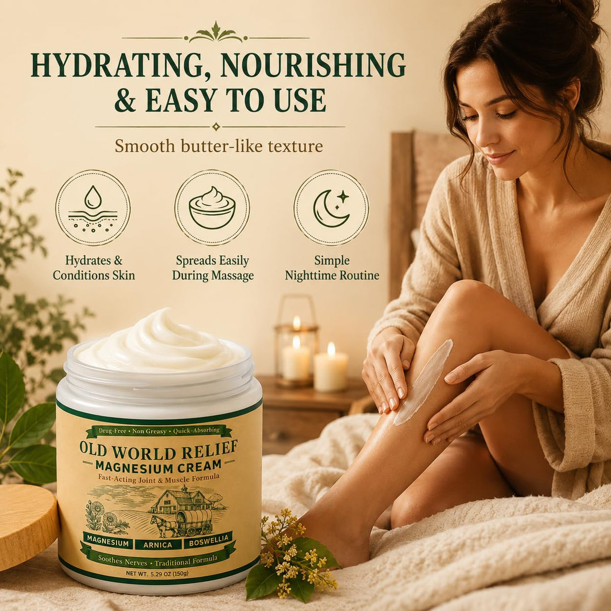 OLD WORLD RELIEF Magnesium Amish Cream, Total Nerve Soothing Formula Magnesium Lotion with Arnica, Boswellia, Arnica ＆ MSM, 150g(1)
