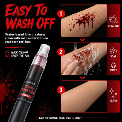 BOBISUKA Dark Fake Blood Spray– Splatter SFX Makeup Kit for Halloween, Cosplay, Zombie, Vampire, Clown, Scary Wounds, Easy Washable Formula – 0.34 fl.oz