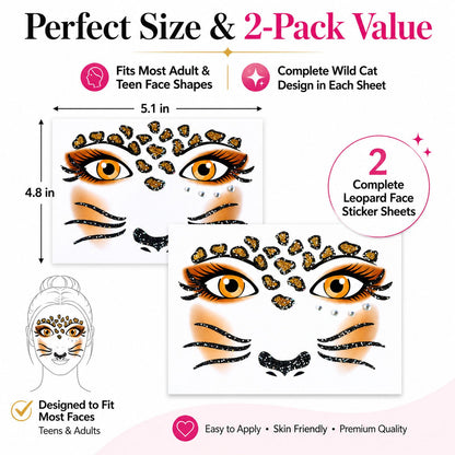 Leopard Face Tattoo Stickers with Glitter Face Jewels, 2Pcs Cute Leopard Self-adhesive Temporary Tattoo for Adult Kids Animal Makeup, Halloween, Cosplay Party Decoration Supplies