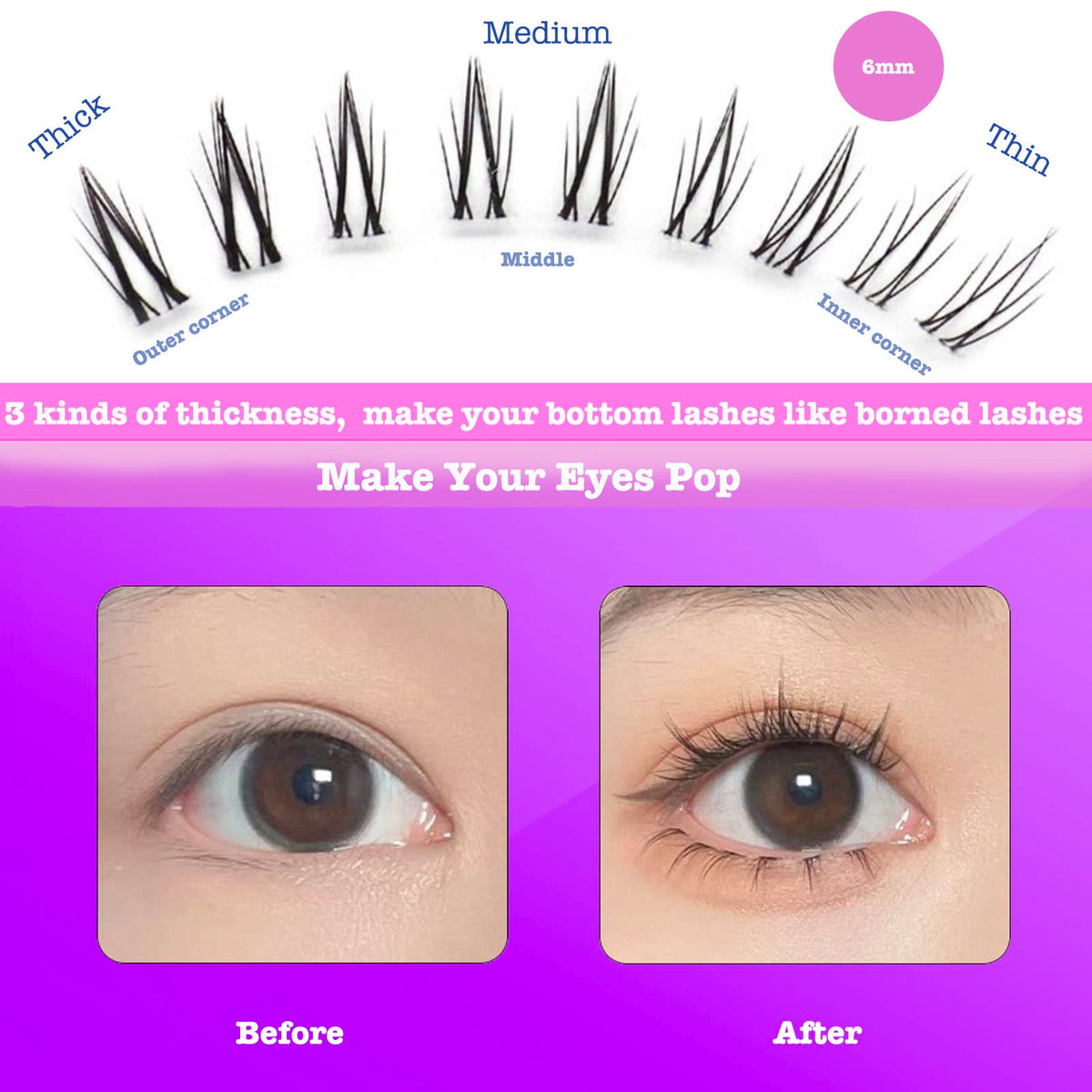 Bottom Lash Clusters DIY Eyelash Extensions - DAODER 90pcs Wispy Natural Look Clear Band Lashes for Bottom Eyelashes 6mm