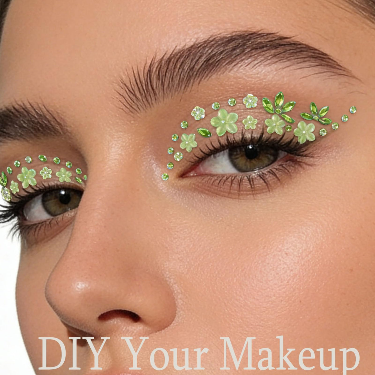 Green Flower Face Gems Stickers - Summer Face Jewelry with Floral Rhinestone Decals, Self-Adhesive Green Face Tattoos for Festival Makeup, Halloween Costume, Christmas Cosplay, Nail & Body Art