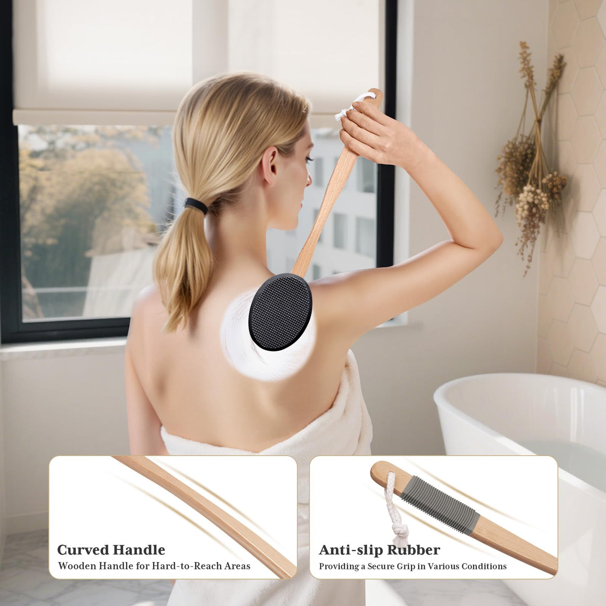 AmazerBath Lotion Applicator for Back, Feet, 4 Replacement Pads with 17" Curved Handle, Back Sunscreen Applicator for Kids, Elderly, Women, Apply Skin Cream Medicine Moisturizer Tanner, Black
