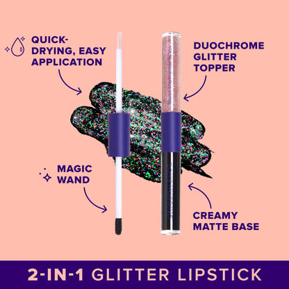 UNICORN SNOT Quiet Riot Glitter Lip Duo | 2-in-1 Set: Matte Lipstick & Plastic-Free Glitter | 0.15oz Black Lipstick & 0.16oz Gloss, Chasm