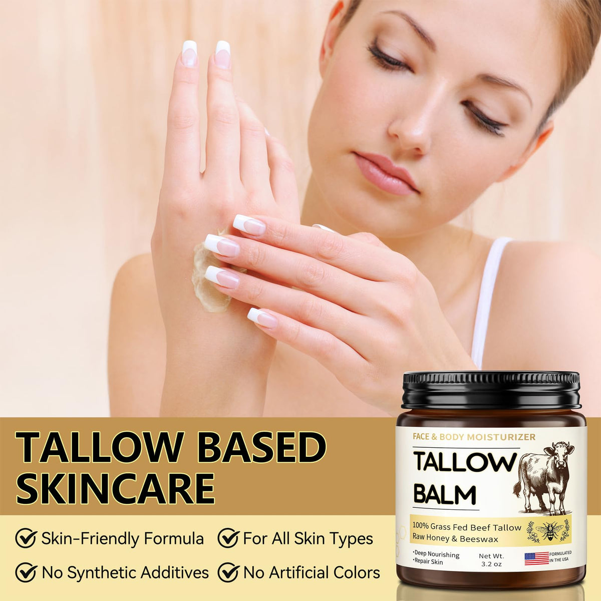 Veakoo Beef Tallow for Skin, Organic Whipped Tallow and Honey Balm, Grass Fed Beef Tallow Face Cream, Natural Tallow Skin Care Moisturizer Body Butter, Nourish and Soothe Dry Skin