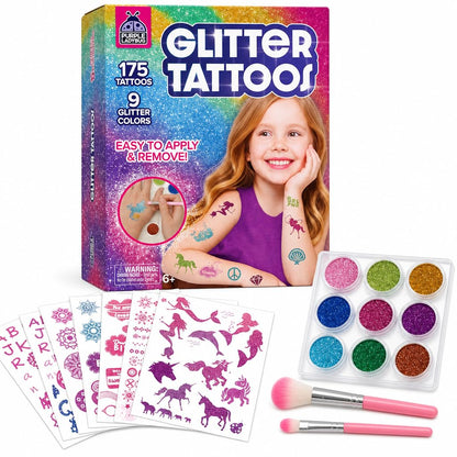 Glitter Tattoo Kit for Ages 6+, No Glue & Low Mess Temporary Fake Tattoos