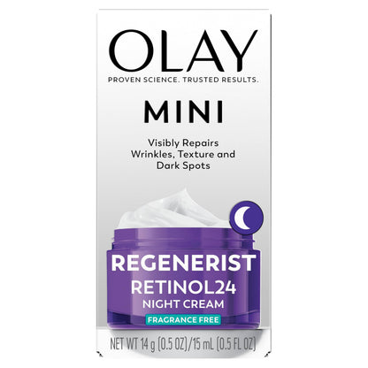 Olay Retinol 24 Face Moisturizer, Anti-Aging Night Cream for Women, Trial Size, Fragrance-Free, Non Greasy - Anti-Wrinkle, Smooth Fine Lines, Tightening Skin Care - Peptides, Glycerin, 0.5 Oz