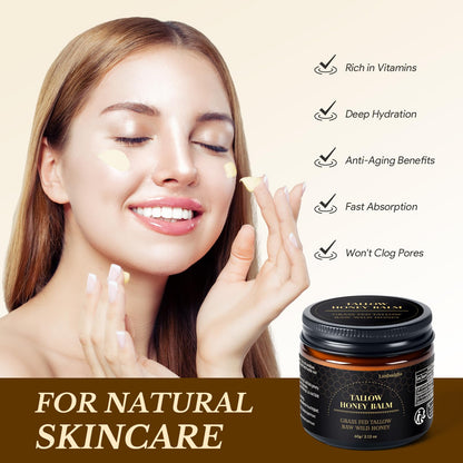 Lazibudgha Beef Tallow for Skin, Tallow and Honey Balm for Face, Grass-Fed Tallow for Body, Deep Nourishing 2.1oz / 60g