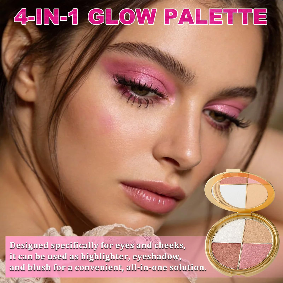 4-In-1 Eye & Cheek Palette, Blush Highlighter with 1 PCS Brush
