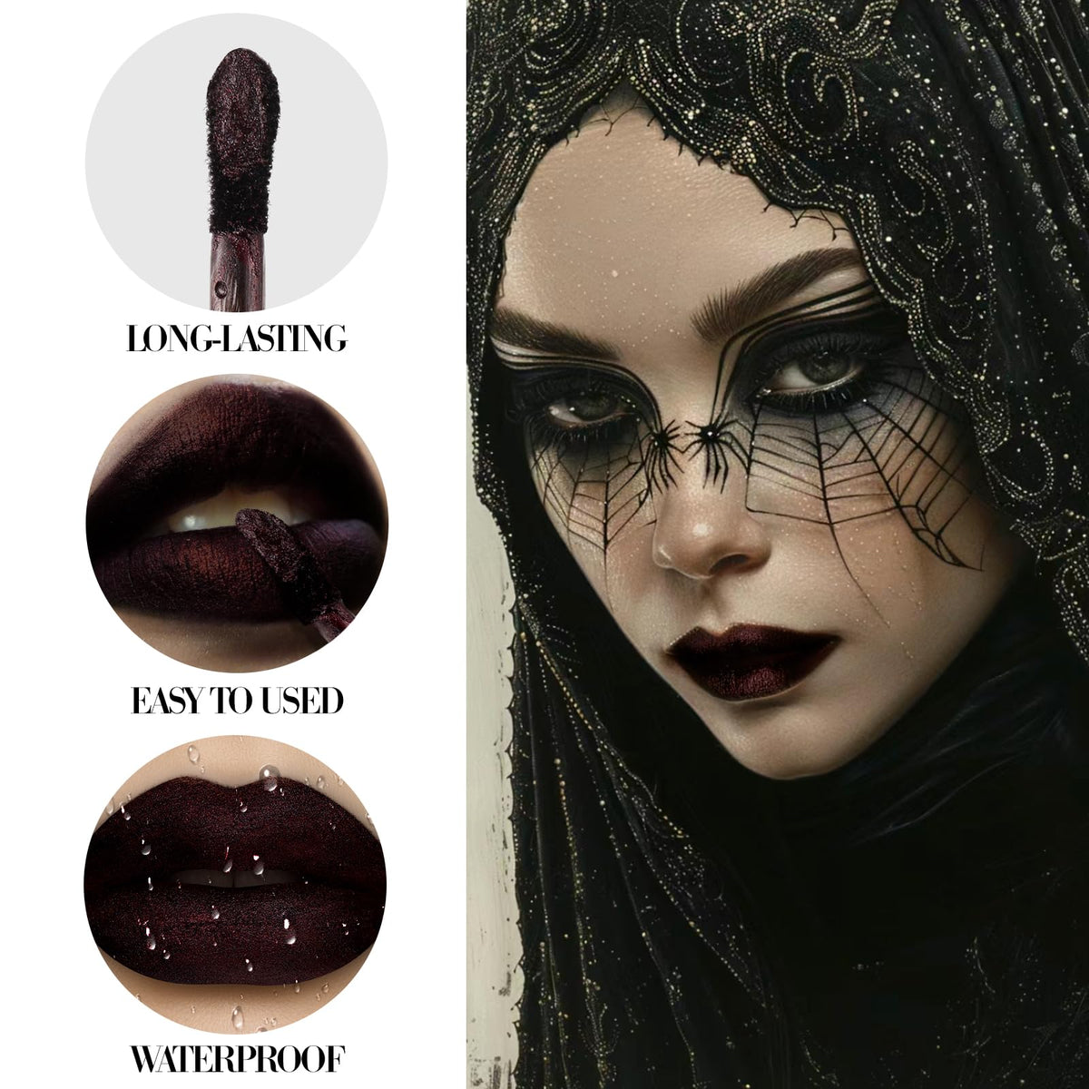Goth Lip Gloss, Highly Pigmented Matte Burgundy Dark Lipstick with Shimmer, Silky Long Lasting Goth Makeup Shiny Lip Stain for Women, Moisturizing Lipstick for Daily, Halloween Vampire, Witch, Theater
