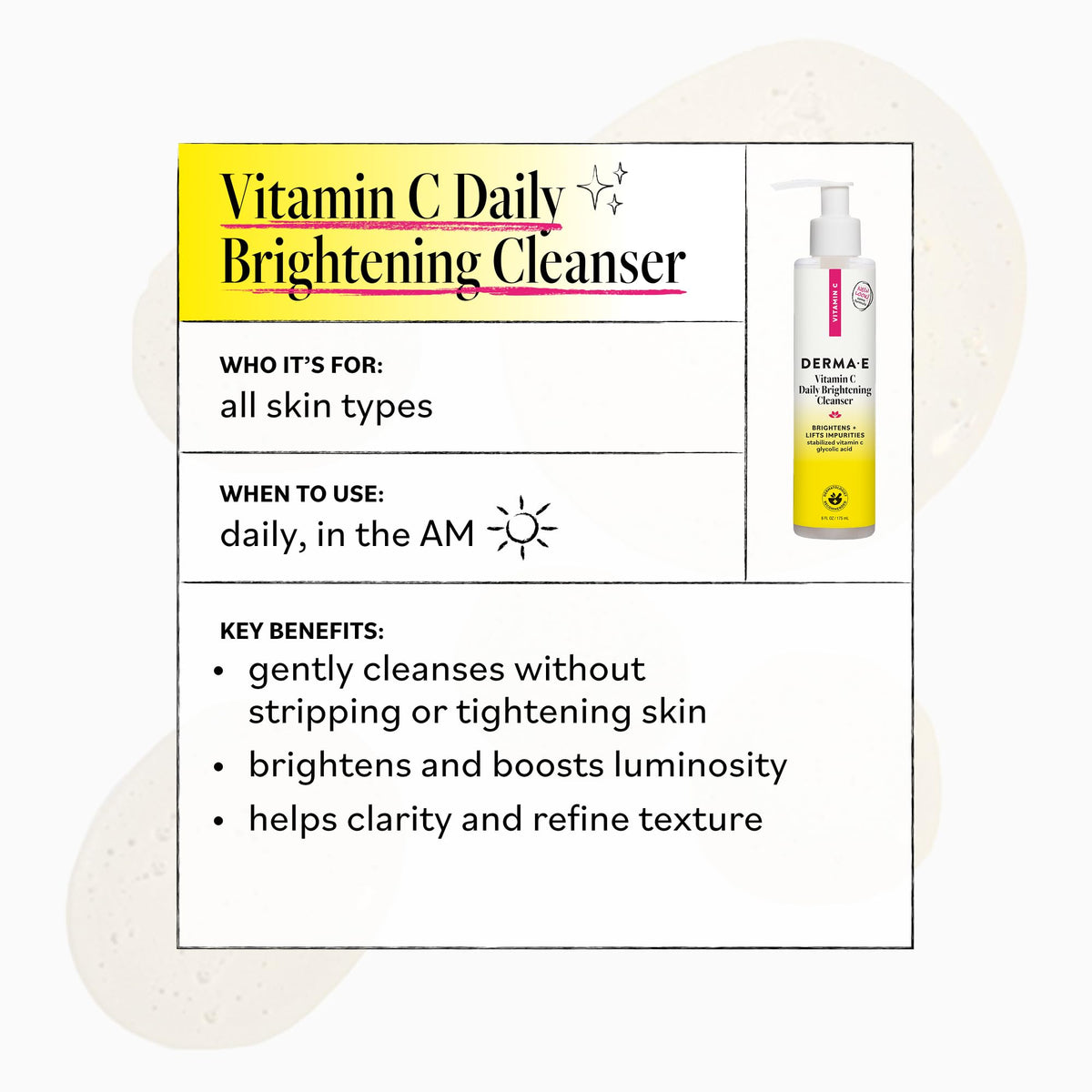 DERMA E Vitamin C Daily Brightening Cleanser, 6 Fl Oz Hydrating Face Wash