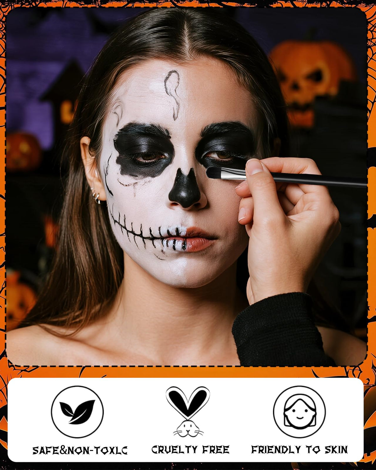 Halloween Effects Makeup Kit, 3 X 20g (0.7 oz) Red Black White Face Paint, Makeup with Tri-color Tattoo Stickers, Sponges, Brushes, Perfect for Halloween Zombie Vampire Skeleton