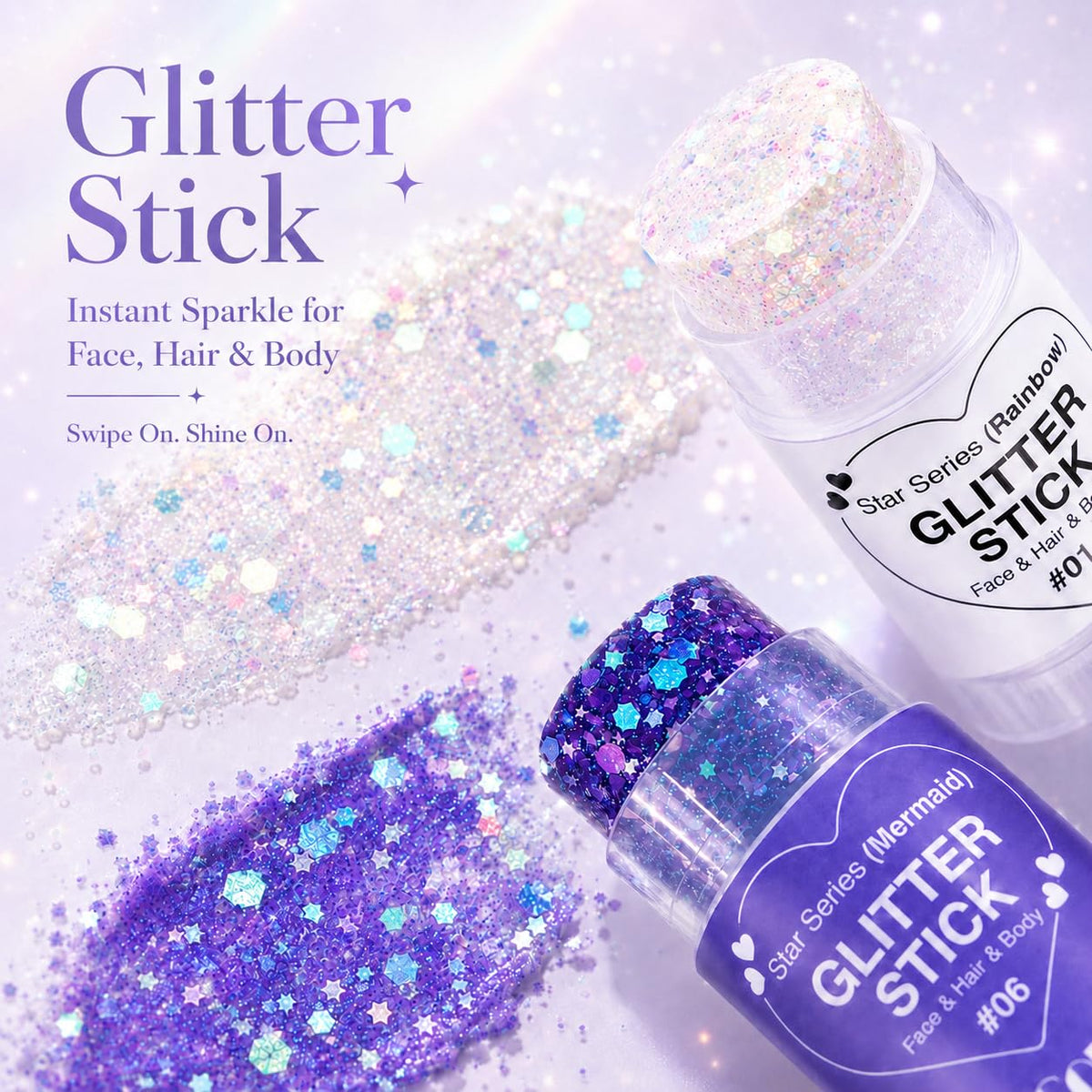 Glitter Stick 2 Pack, White & Purple Face Body Glitter Stick for Hair