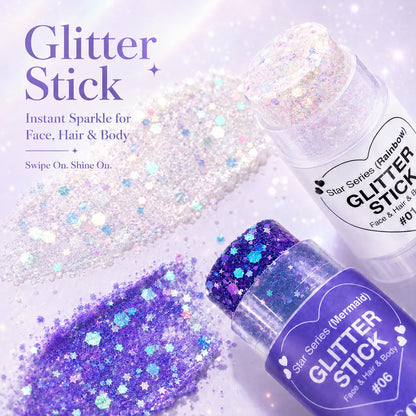 Glitter Stick 2 Pack, White & Purple Face Body Glitter Stick for Hair