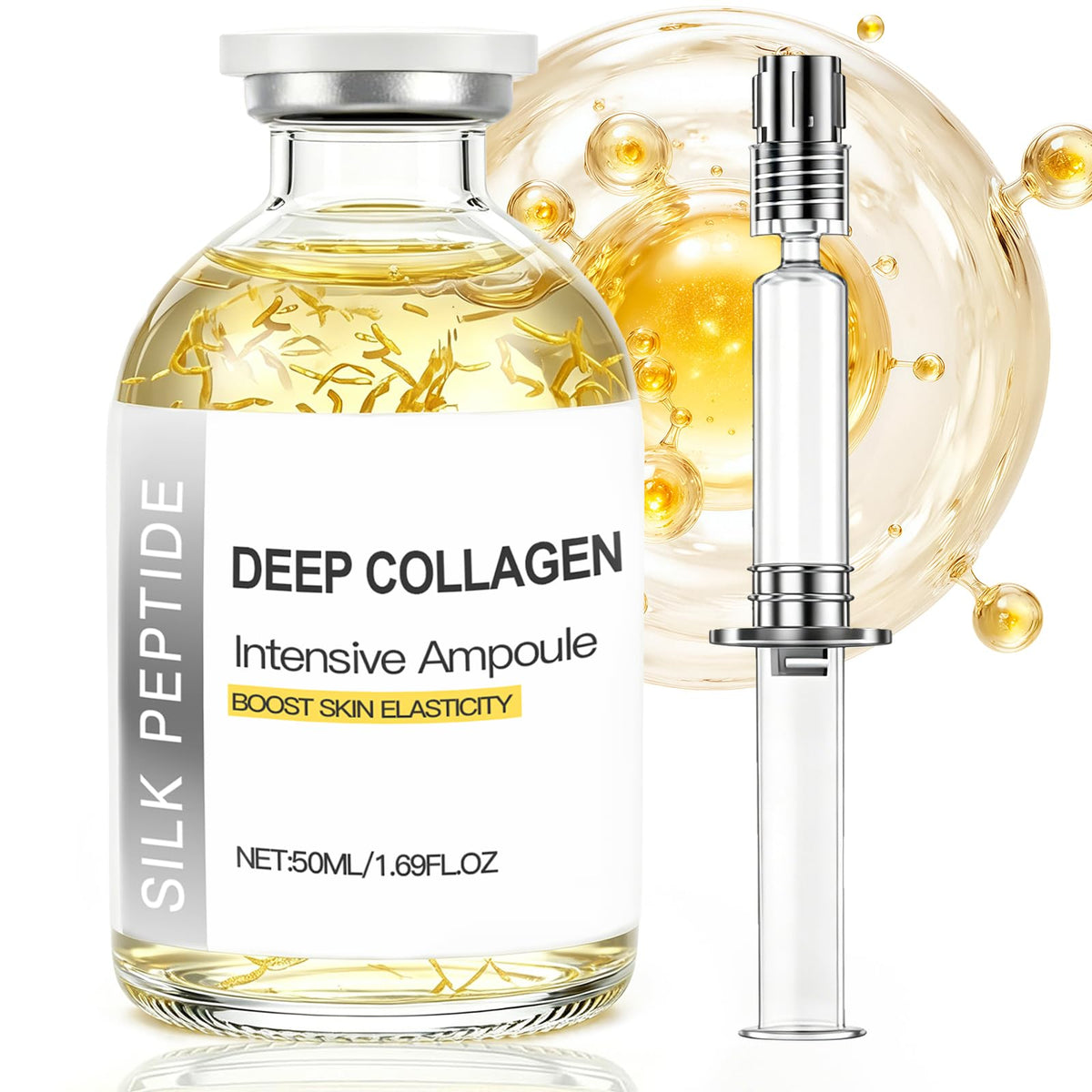 Deep Collagen Serum Silk Peptide Ampoule, Copper Peptides, Intensive Hydrating Skin Care Facial Serum for Boost Skin Elasticity, Anti-Aging, Instant Face Lift for All Skin Types (1.69Fl Oz / 50ML)