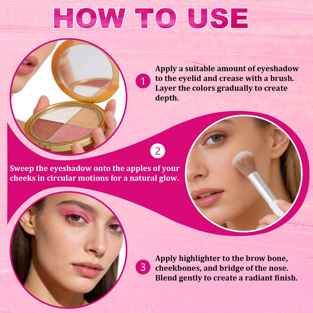 4-In-1 Eye & Cheek Palette, Blush Highlighter with 1 PCS Brush