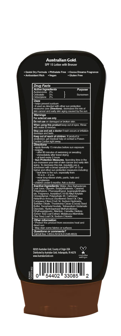 Australian Gold Sunscreen Lotion with Instant Bronzer SPF 15, 8 Ounce | Broad Spectrum | Water Resistant | Non-Greasy | SPF 15 8 Fl Oz (Pack of 1)