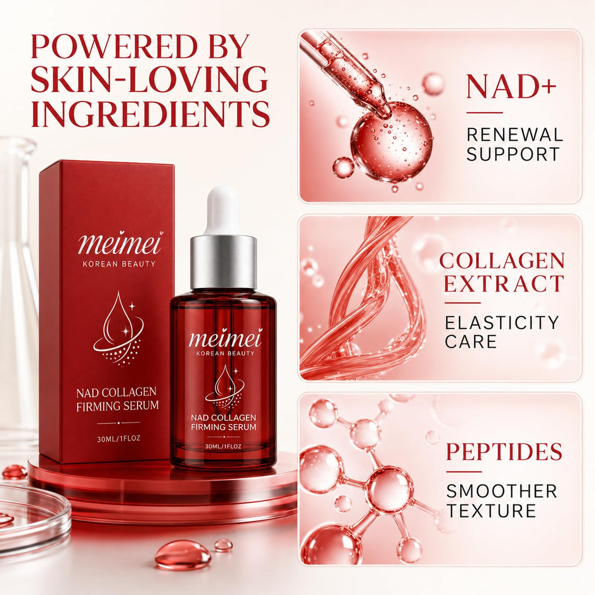 Meimei Firming Serum, NAD+ Firming Serum, Collagen Extract & Peptides Facial Serum, Anti-Aging Serum, with Wrinkle Appearance, Elasticity & Pore Care, Suitable for All Skin Types, 30ml / 1 Floz