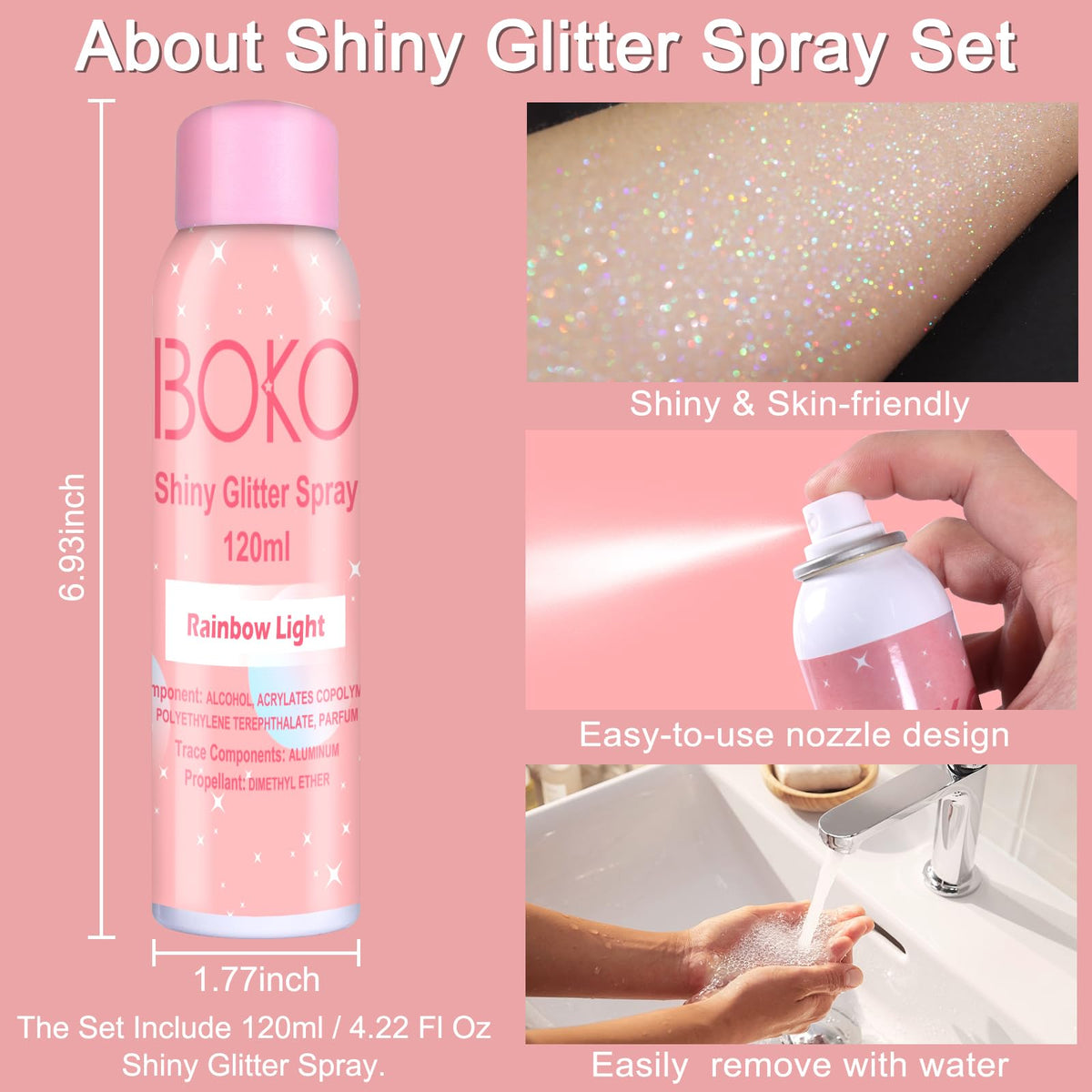 Boko Body Glitter Spray, 120ML Holographic Silver Rainbow Glitter Hairspray