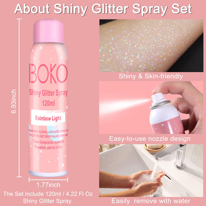 Boko Body Glitter Spray, 120ML Holographic Silver Rainbow Glitter Hairspray
