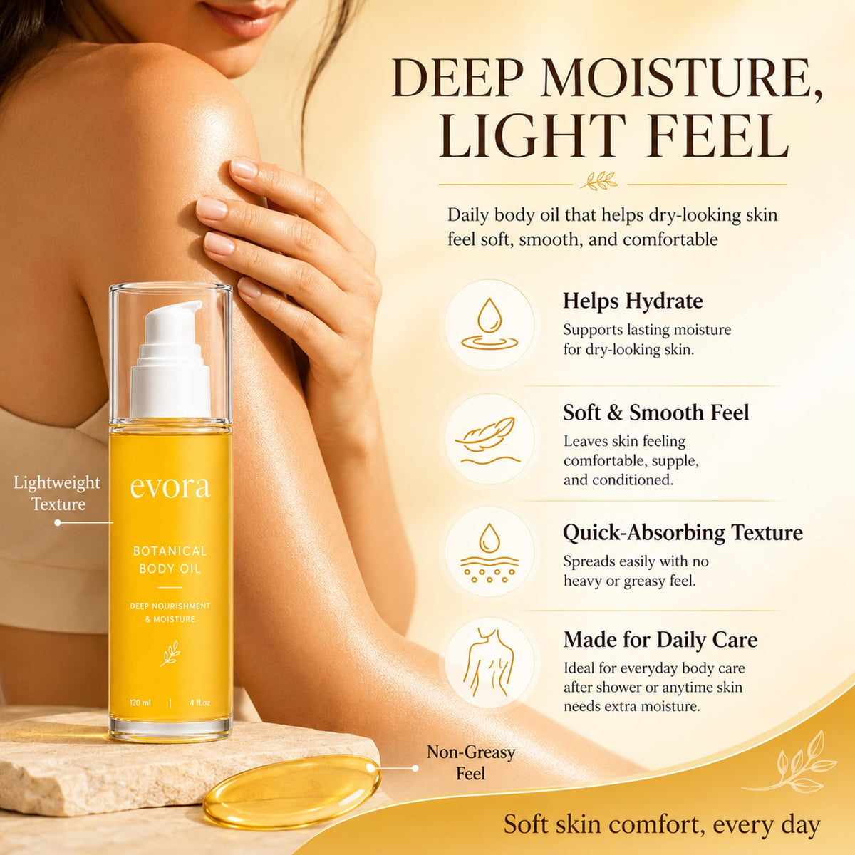 Evora Botanical Body Oil, Lightweight Moisturizing Body Oil, 120 ml