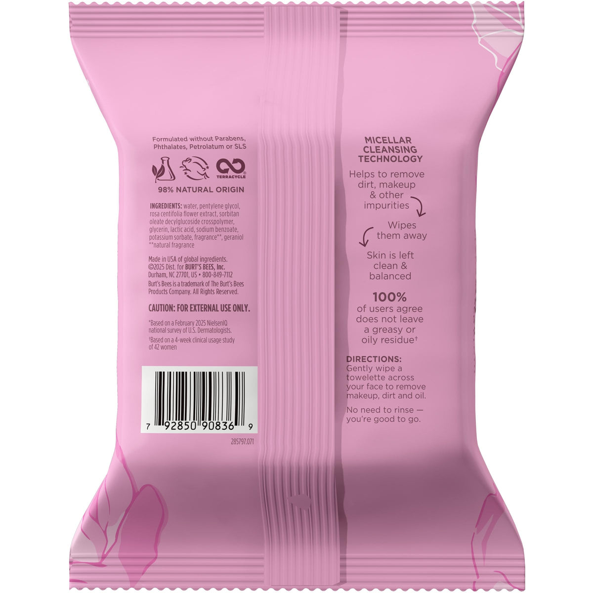 Burt’s Bees Micellar Rose Water Facial Towelettes, 30 ct., 3 Pack