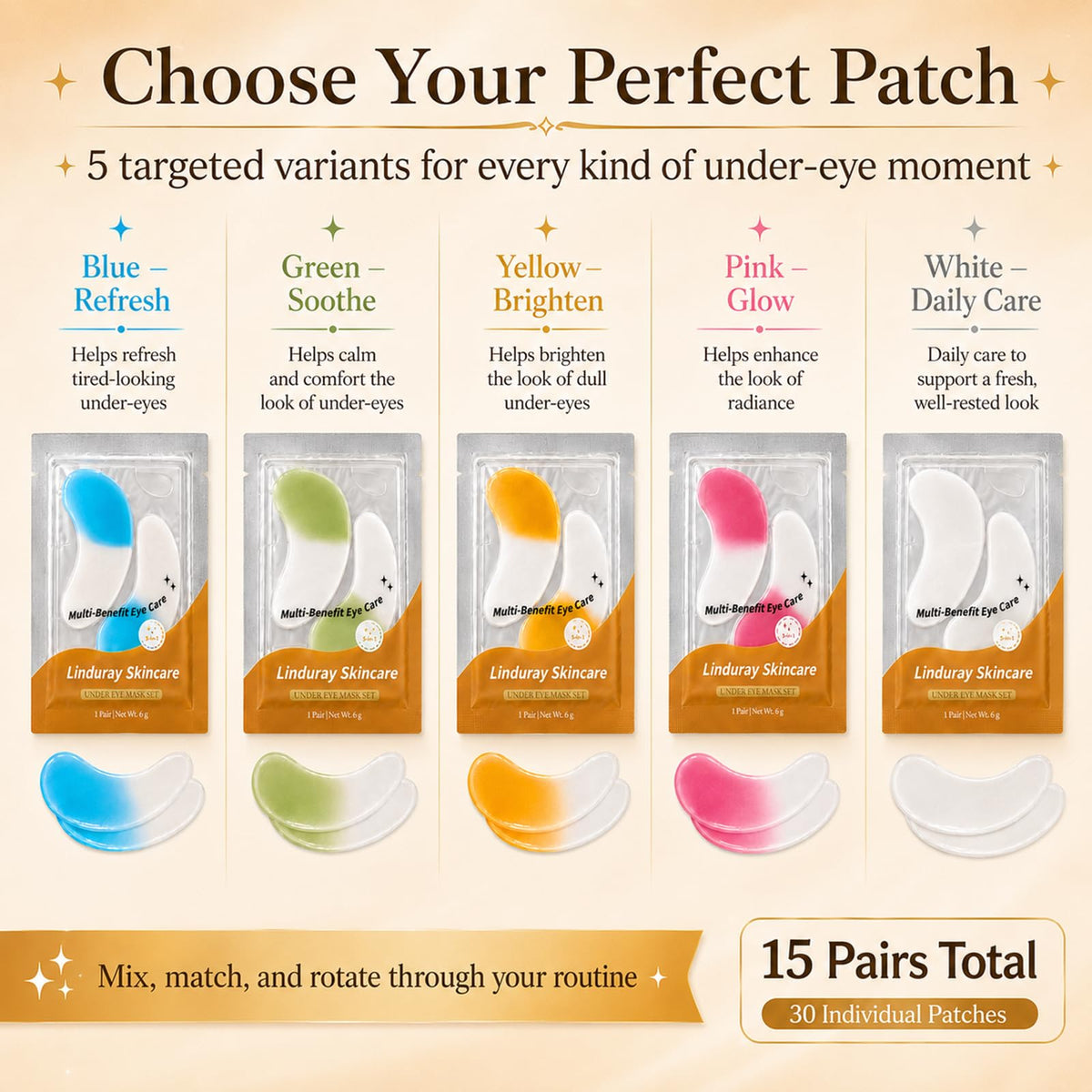 YTUEUEOY Under Eye Patches, Fiv-Color Under eye Mask Patches (15 Pairs)