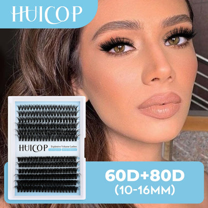 Huicop 60D+80D Eyelash Extensions Kit With 240pcs 3D Fluffy Thick Cluster Lashes, Lash Bond, Lash Seal, Tweezers for Beginners(Mage Volume 60D+80D-10-16mm KIT)