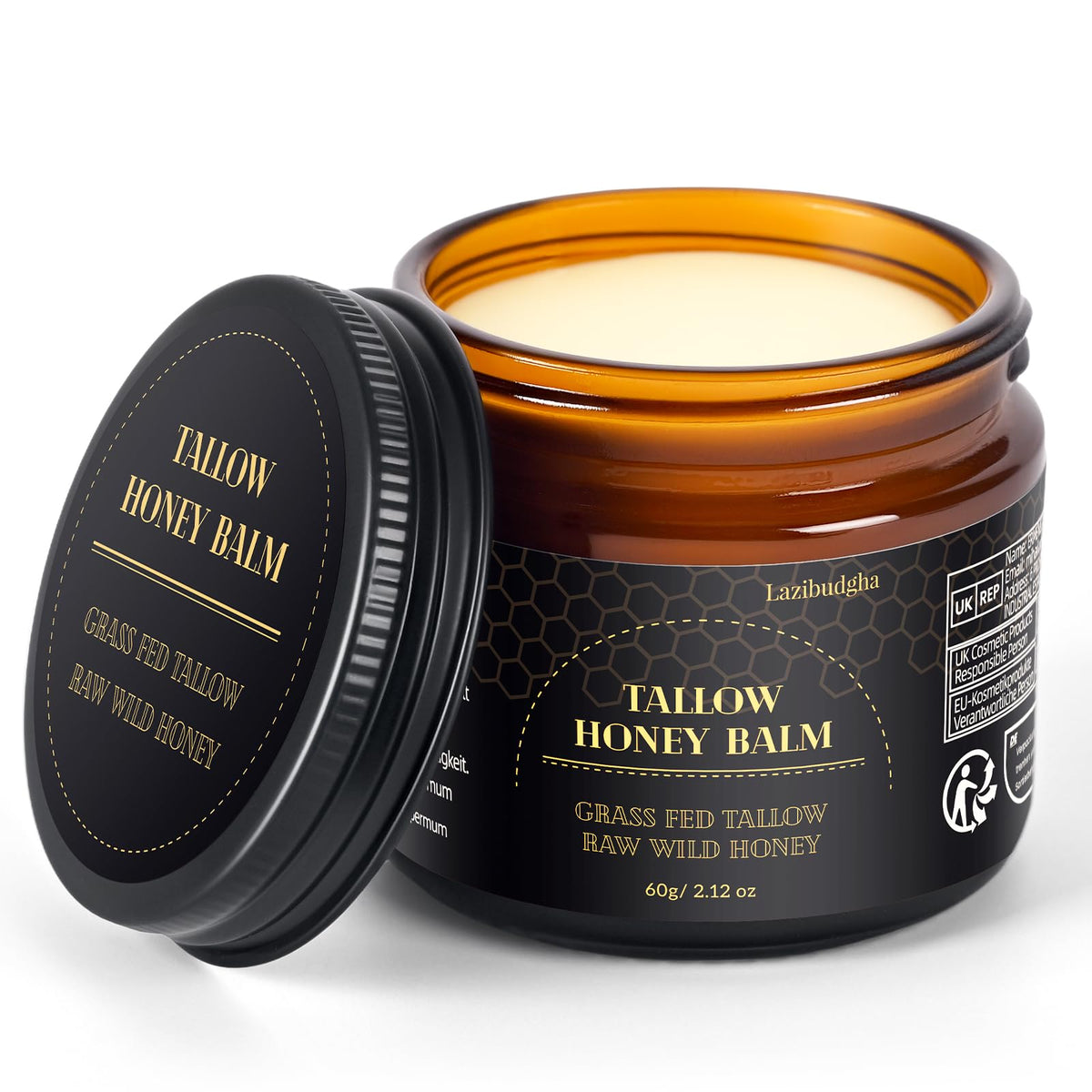 Lazibudgha Beef Tallow for Skin, Tallow and Honey Balm for Face, Grass-Fed Tallow for Body, Deep Nourishing 2.1oz / 60g