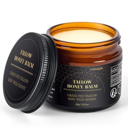 Lazibudgha Beef Tallow for Skin, Tallow and Honey Balm for Face, Grass-Fed Tallow for Body, Deep Nourishing 2.1oz / 60g