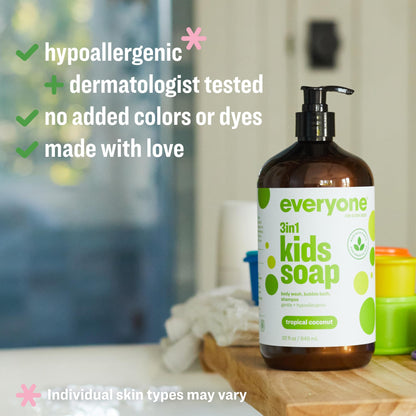 Everyone 3-in-1 Kids Soap, Body Wash, Bubble Bath, Shampoo, 32 Ounce (Pack of 1), Tropical Coconut, made with Essential Oils for Toddlers, Tweens and Teens