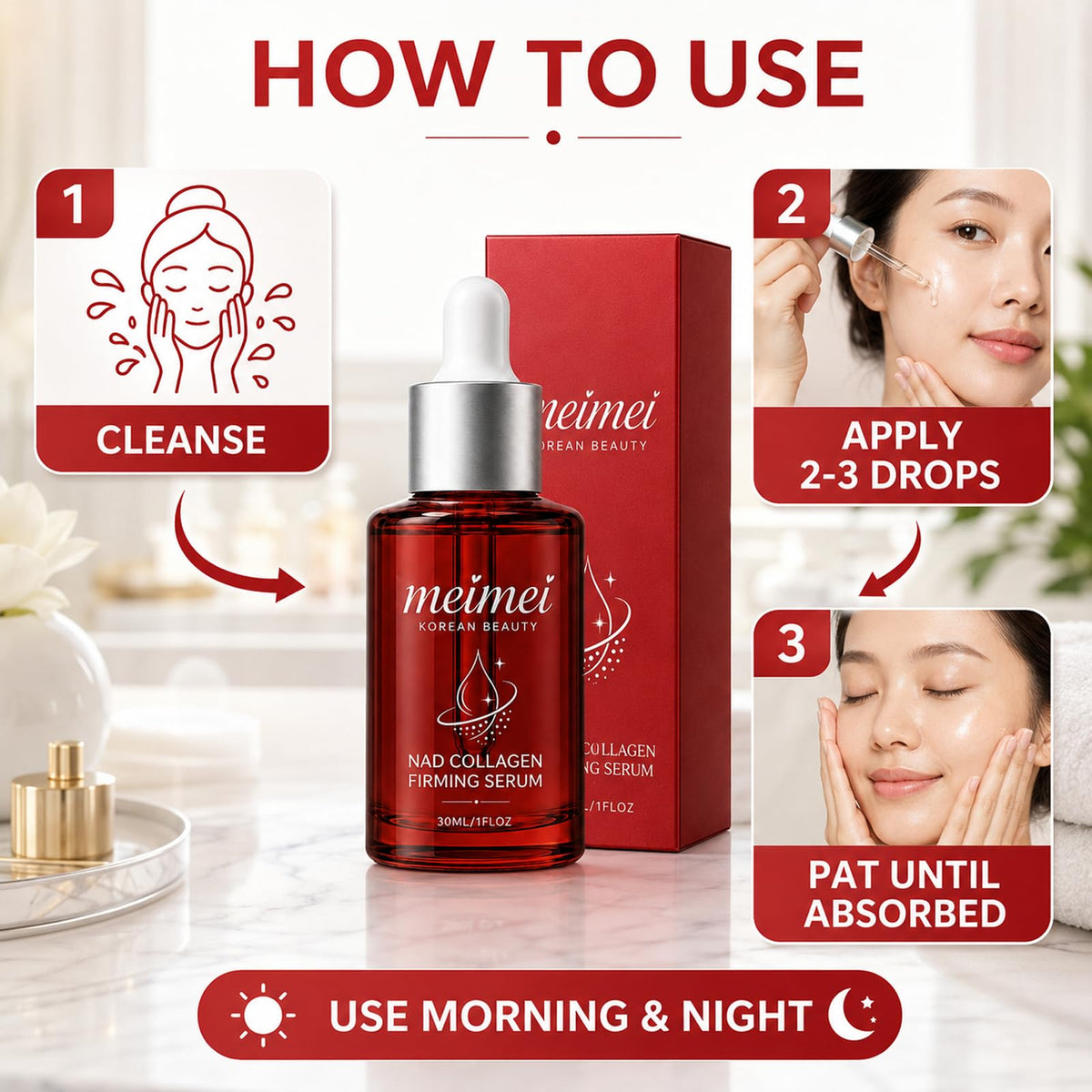 Meimei Firming Serum, NAD+ Firming Serum, Collagen Extract & Peptides Facial Serum, Anti-Aging Serum, with Wrinkle Appearance, Elasticity & Pore Care, Suitable for All Skin Types, 30ml / 1 Floz