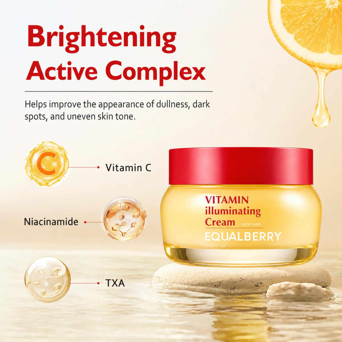 EQUALBERRY Vitamin Illuminating Cream with Niacinamide, TXA, Ceramide | Brightening for Uneven Tone & Dull Skin, Skin Barrier Support, Lightweight Hydration, 1.69 fl oz / 50ml