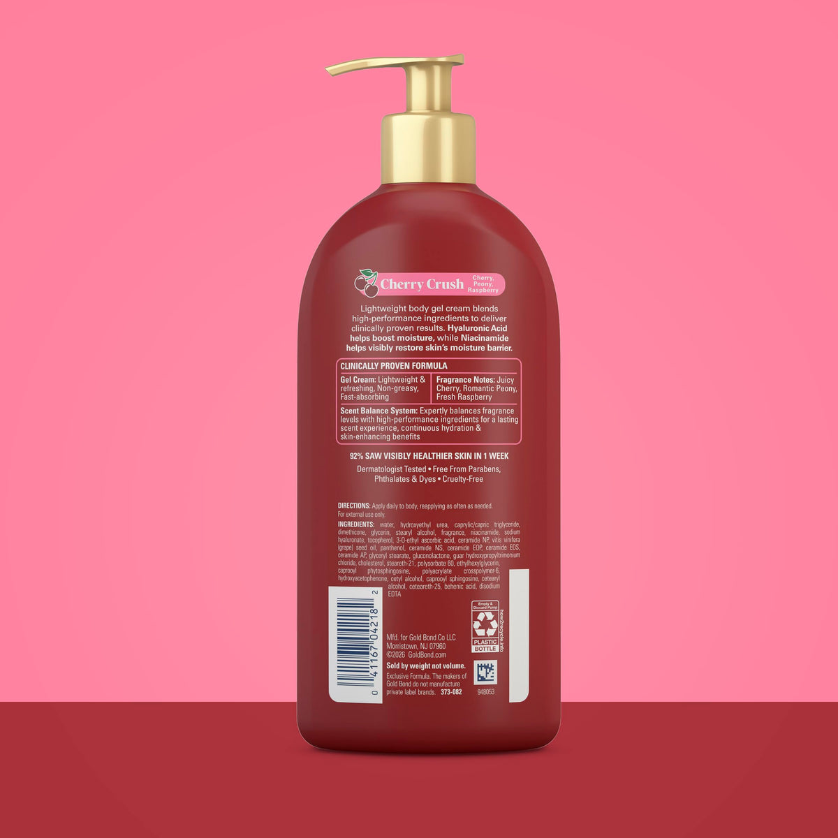 Gold Bond Cherry Crush Hydrating Gel Cream, Juicy Cherry Crush Scent, 24-Hour Hydrating Body Lotion with Hyaluronic Acid and Niacinamide, 14 oz.