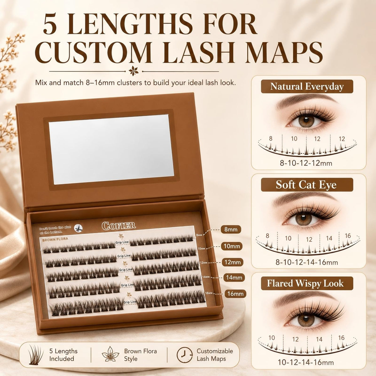 Pre Glued Wispy Lash Clusters Kit, 90 Pcs Individual Eyelash Clusters (Brown 8-16mm/C Curl) - Lash Extension Kit with Eyelashes Tweezers and Clips, Natural Fake Lashes No Glue Need, Beginners Friendly