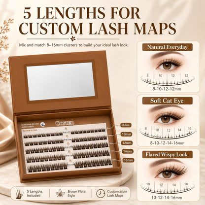 Pre Glued Wispy Lash Clusters Kit, 90 Pcs Individual Eyelash Clusters (Brown 8-16mm/C Curl) - Lash Extension Kit with Eyelashes Tweezers and Clips, Natural Fake Lashes No Glue Need, Beginners Friendly