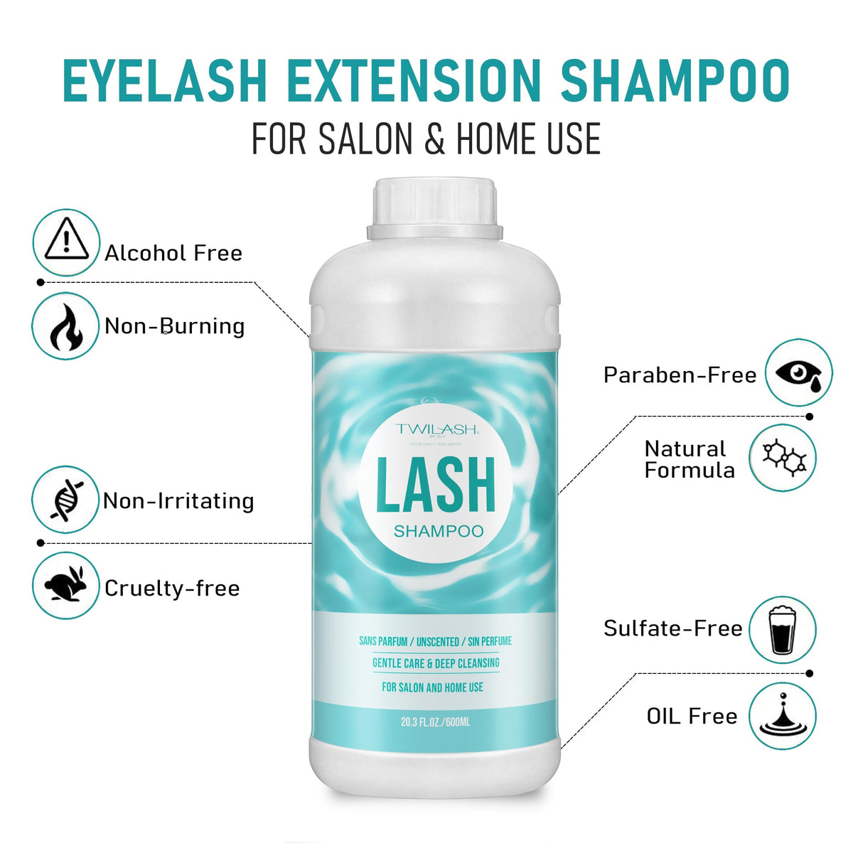 600ml Lash Shampoo Bulk, Eyelash Cleanser for Extensions, Safe Makeup Remover, Non-irritating or Burning Formula Eyelid Foaming Cleanser Best for Professional Salon and Home Use (Unscented)