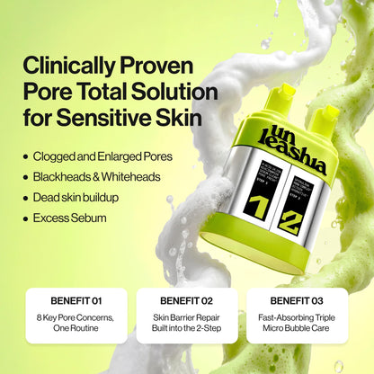 UNLEASHIA 2-Step Zero Pore Overnight Bubble Mask | 8-Pore Exfoliant & Barrier Care with AHA, BHA, PHA, LHA, Niacinamide, Panthenol, Ectoin & Ceramide NP, Sensitive Skin, Korean Skincare, 2.71 Fl Oz