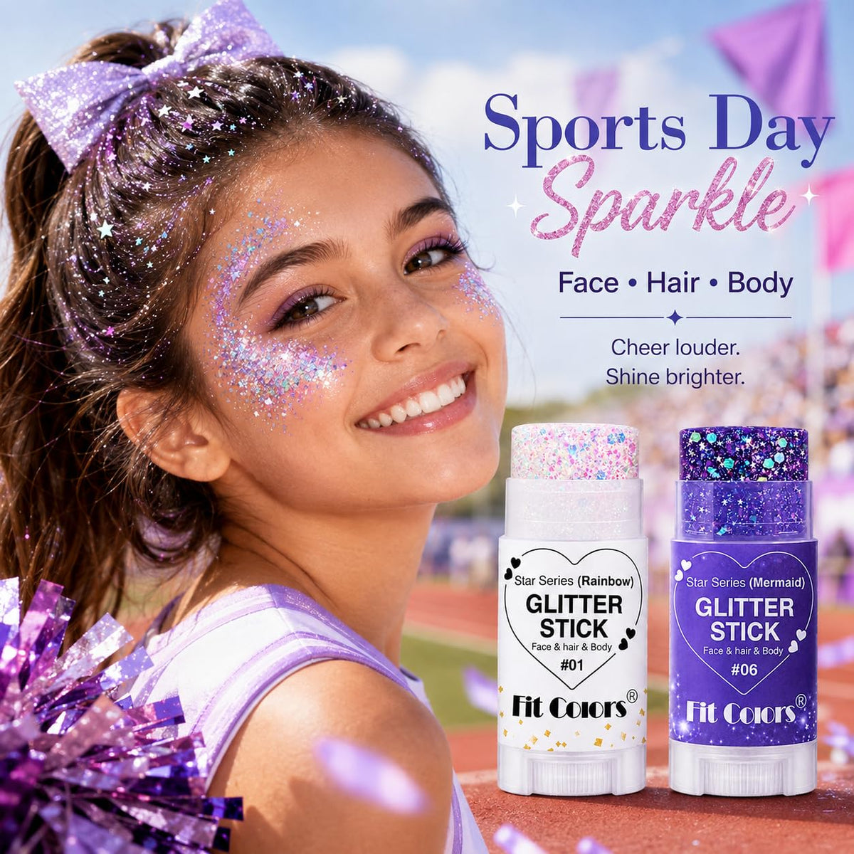 Glitter Stick 2 Pack, White & Purple Face Body Glitter Stick for Hair