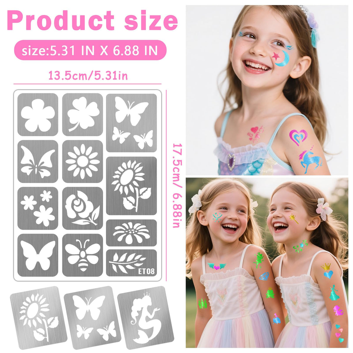 Yazhiji 183PCS Temporary Tattoo Stencils, Paint Stencils Kit on Face and Body, Girl Boy Glitter Tattoos Stencils Pack for Kids School Show Birthdays Halloween Christmas Party Favor Supplies