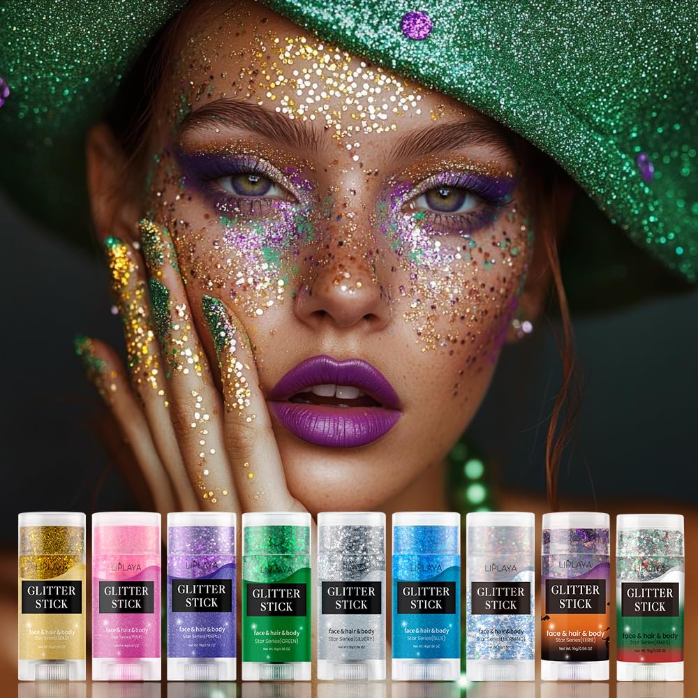 Gold Face and Body Glitter Stick, Holographic Sparkling Neon Outfit Singer Concert Music Rave Festival Color Party Accessories Glitter Makeup.