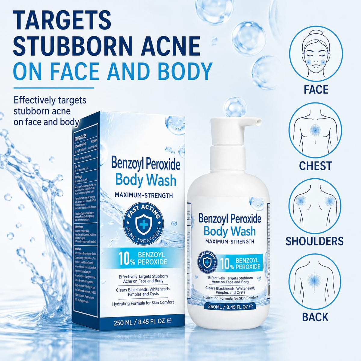 Hermon Benzoyl Peroxide Body Wash: 10% Benzoyl Peroxide Acne Wash for Face, Skin, Butt, and Back Acne - Maximum-Strength Fast-Acting Acne Control Cleanser 8.45 Fl. Oz.
